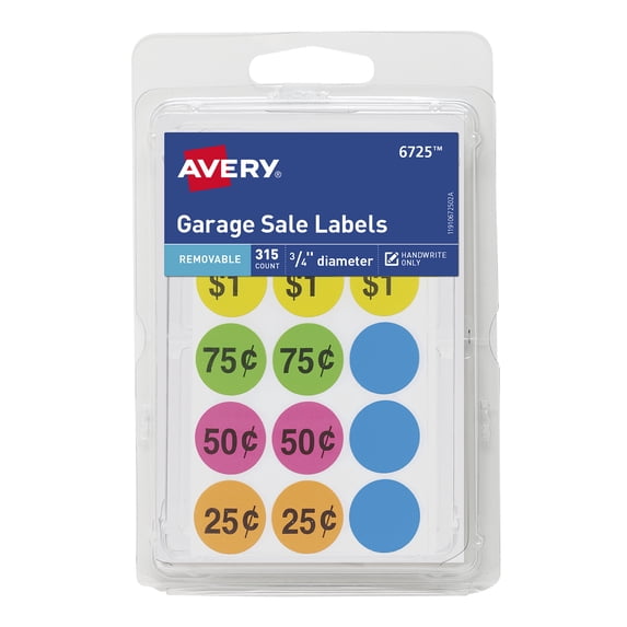 Avery Garage Sale Labels, Prepriced, 3/4" Round, Paper, Removable, Neon Colors, 315 Labels