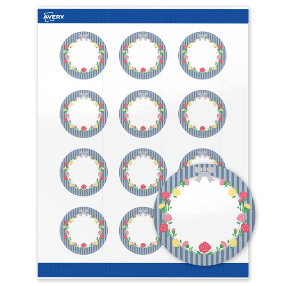 Avery Glossy 2" Diameter Labels, Silver Ribbon w/Roses, 240ct