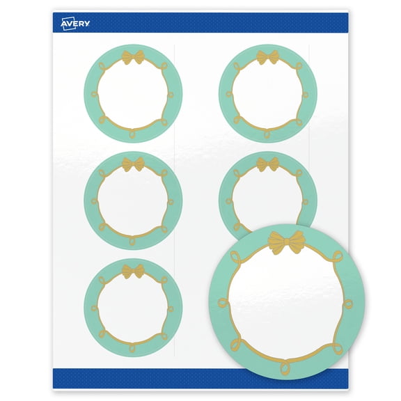 Avery Glossy 3" Diameter Labels, Mint Border, Gold Bow, 60ct
