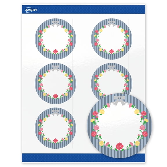 Avery Glossy 3" Diameter Labels, Silver Ribbon w/Roses, 120ct