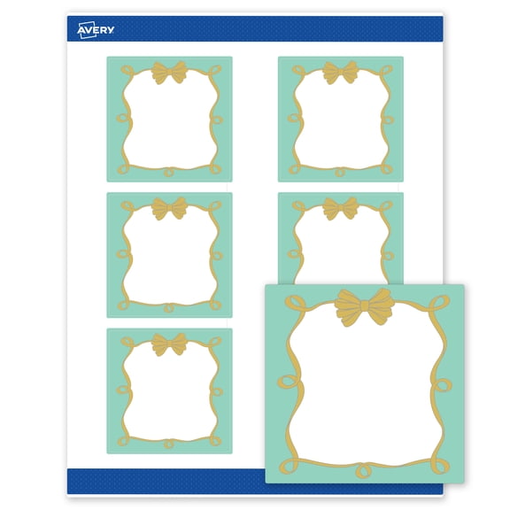 Avery Matte 3" x 3" Labels, Mint Border, Gold Bow, 60ct