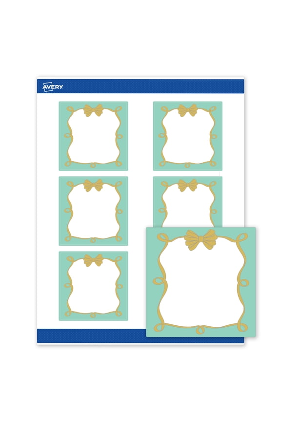 Matte 3" x 3" Labels, Mint Border, Gold Bow, 60ct