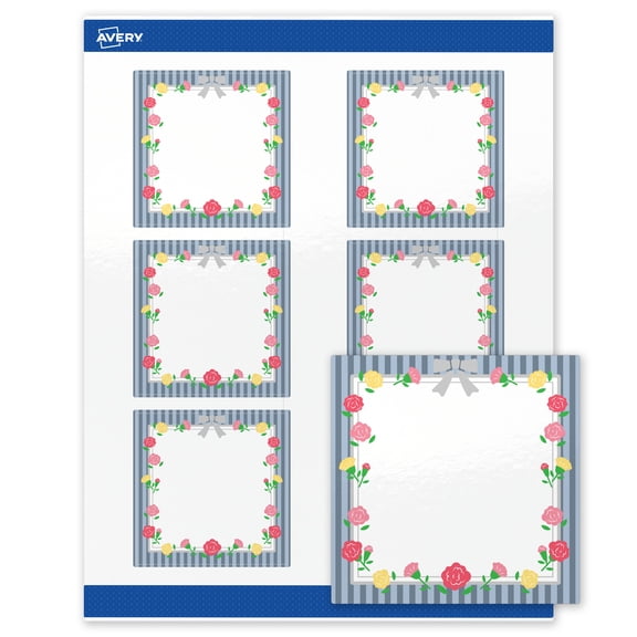 Avery Glossy 3" x 3" Labels, Silver Ribbon w/Roses, 120ct
