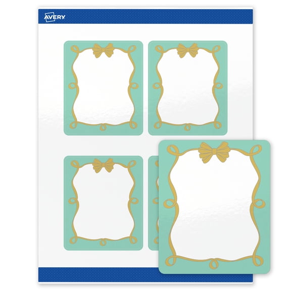 Avery Glossy 4" x 3-1/3" Labels, Mint Border, Gold Bow, 40ct