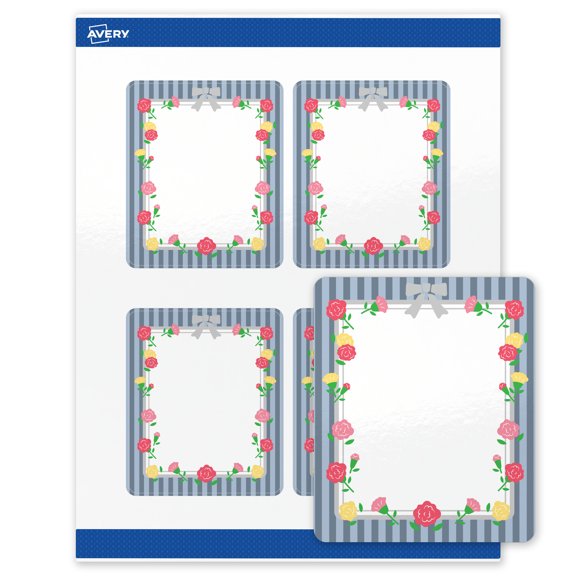 Avery Glossy 4" x 3-1/3" Labels, Silver Ribbon w/Roses, 80ct