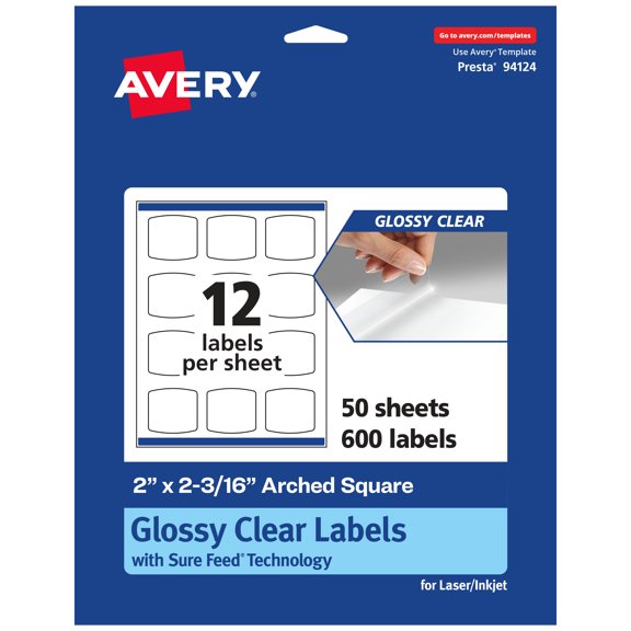 Avery Glossy Clear Arched Square Labels, 2" x 2-3/16", 600 Labels