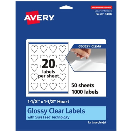 Avery Glossy Clear Heart Labels, 1.5" x 1.5", 1,000 Labels