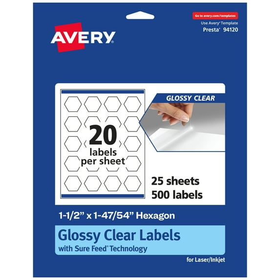 Avery Glossy Clear Hexagon Labels, 1-1/2" x 1-47/54", 500 Labels
