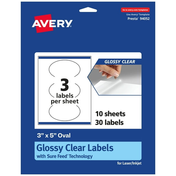 Avery Glossy Clear Oval Labels, 3" x 5", 30 Labels