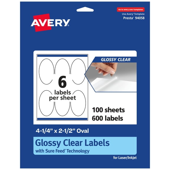 Avery Glossy Clear Oval Labels, 4.25" x 2.5", 600 Labels