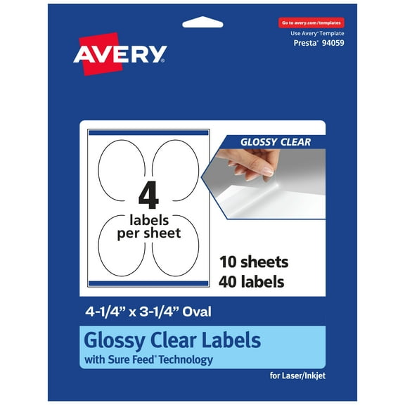 Avery Glossy Clear Oval Labels, 4.25" x 3.25", 40 Labels
