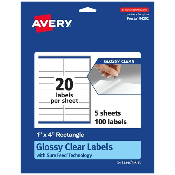 Avery Glossy Clear Rectangle Labels, 1" x 4", 100 Labels