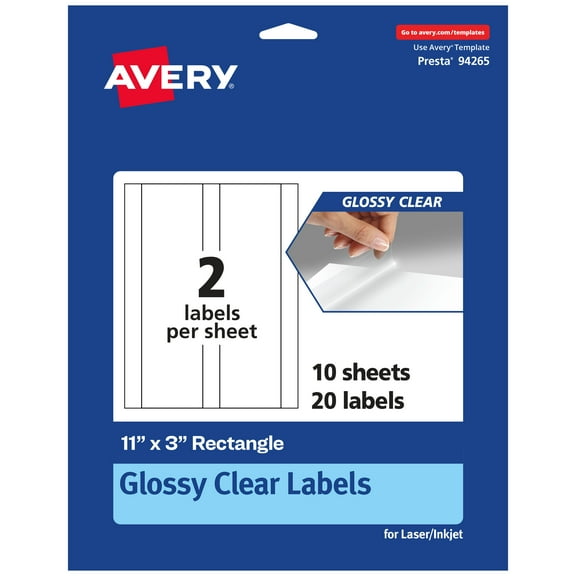 Avery Glossy Clear Rectangle Labels, 11" x 3", 20 Labels