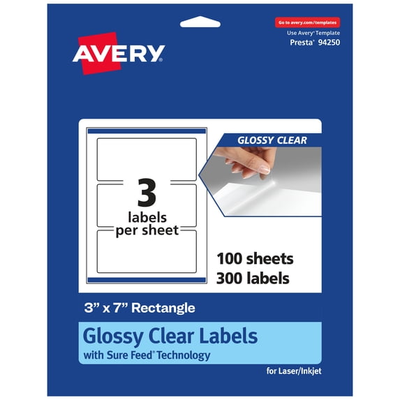 Avery Glossy Clear Rectangle Labels, 3" x 7", 300 Labels