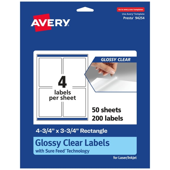 Avery Glossy Clear Rectangle Labels, 4.75" x 3.75", 200 Labels
