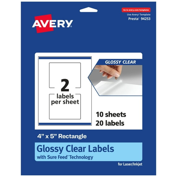 Avery Glossy Clear Rectangle Labels, 4" x 5", 20 Labels