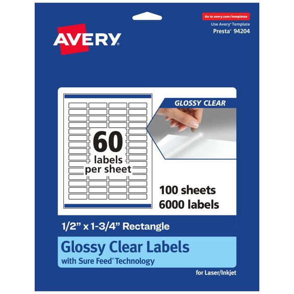 Avery Glossy Clear Rectangle Labels, .5" x 1.75", 6,000 Labels