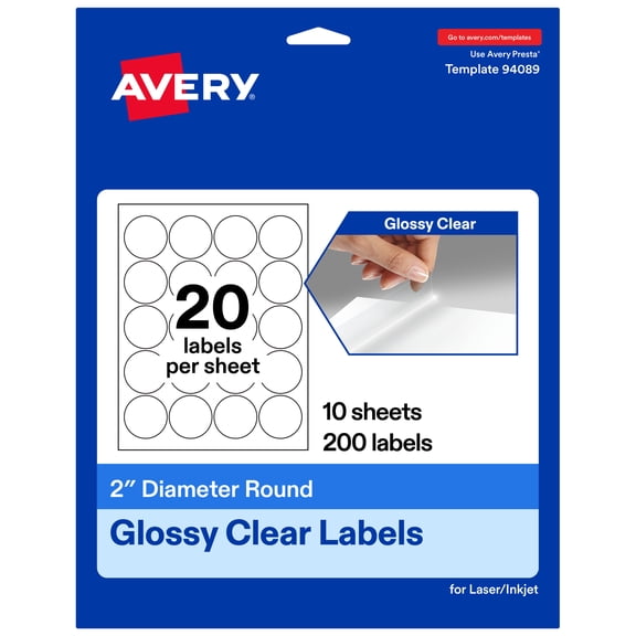 Avery® Glossy Clear Round Labels, 2" Diameter, 200 Total