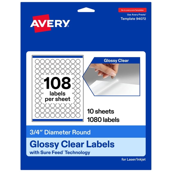 Avery® Glossy Clear Round Labels, 3/4" Diameter, 1080 Total