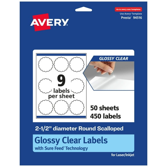 Avery Glossy Clear Round Scalloped Labels, 2.5" Diameter, 450ct