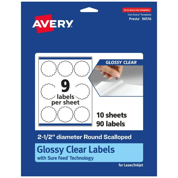 Avery Glossy Clear Round Scalloped Labels, 2.5" Diameter, 90ct