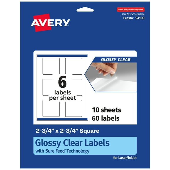 Avery Glossy Clear Square Labels, 2.75" x 2.75", 60 Labels