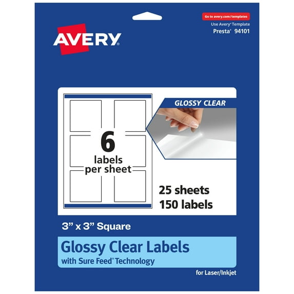 Avery Glossy Clear Square Labels, 3" x 3", 150 Labels