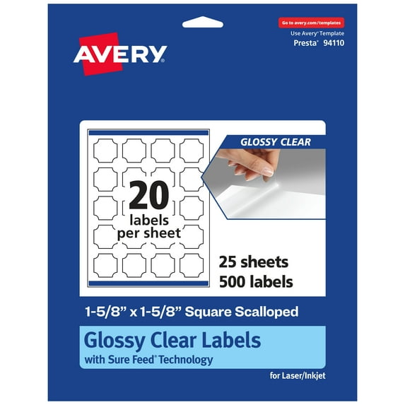 Avery Glossy Clear Square Scalloped Labels, 1-5/8" x 1-5/8", 500ct