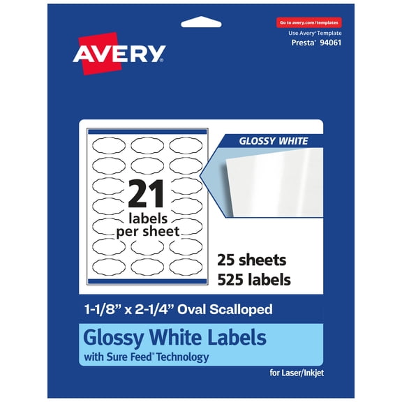 Avery Glossy Oval Scalloped Labels, 1-1/8" x 2-1/4", 525 Total