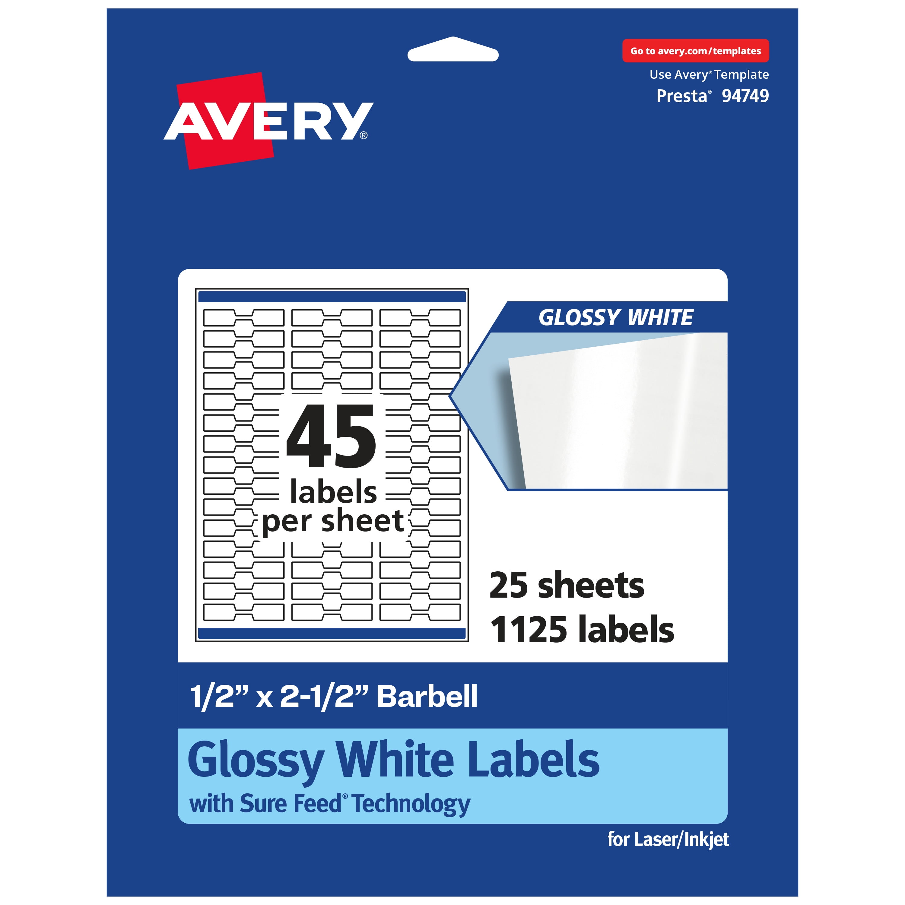 Avery Glossy White Barbell Labels, .5" x 2.5", 1,125 Total
