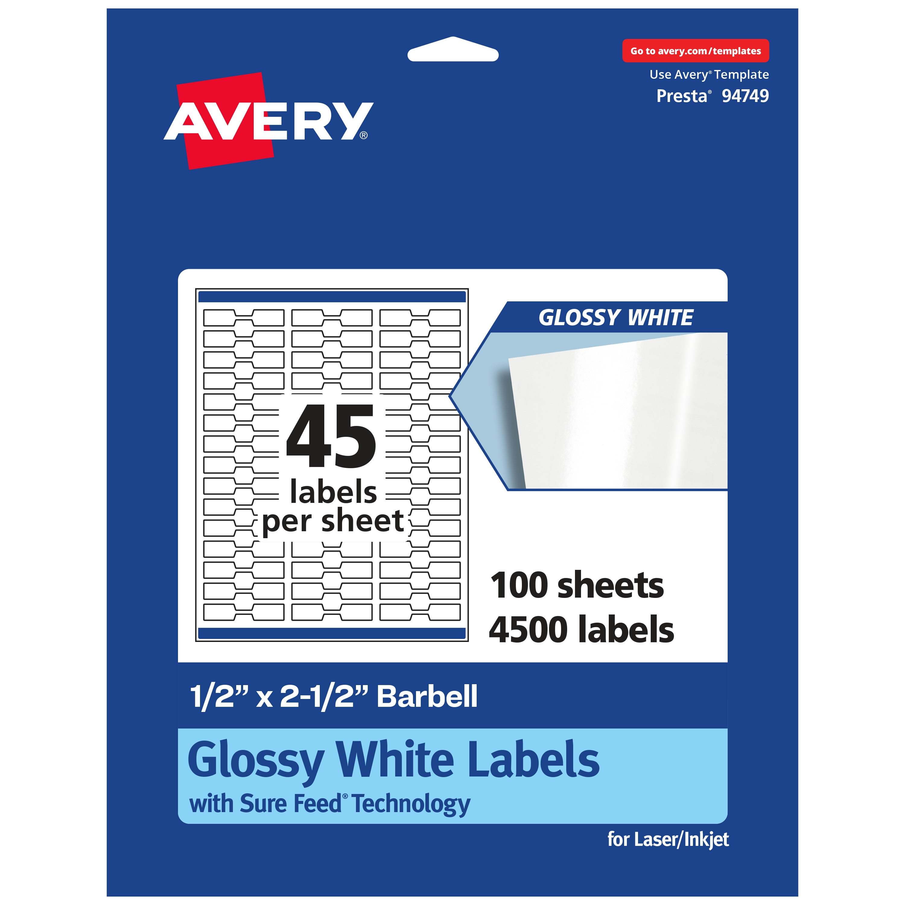 Avery Glossy White Barbell Labels, .5" x 2.5", 4,500 Total