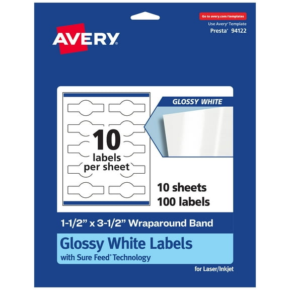 Avery Glossy White Wraparound Band Labels, 1.5" x 3.5", 100 Total