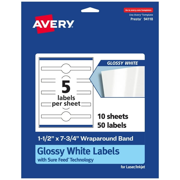 Avery Glossy White Wraparound Band Labels, 1.5" x 7.75", 50 Total