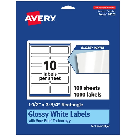 Avery Glossy White Rectangle Labels, 1.5" x 3.75", 1,000 Total