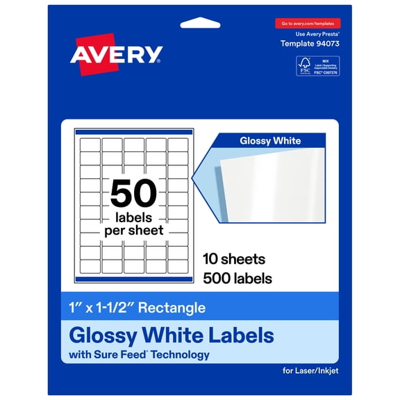 Avery® Glossy White Rectangle Labels, 1" x 1.5", 500 Total