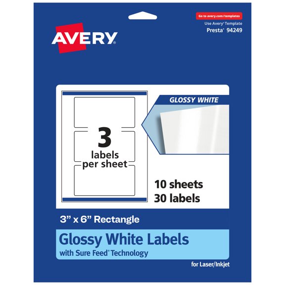Avery Glossy White Rectangle Labels, 3" x 6", 30 Total