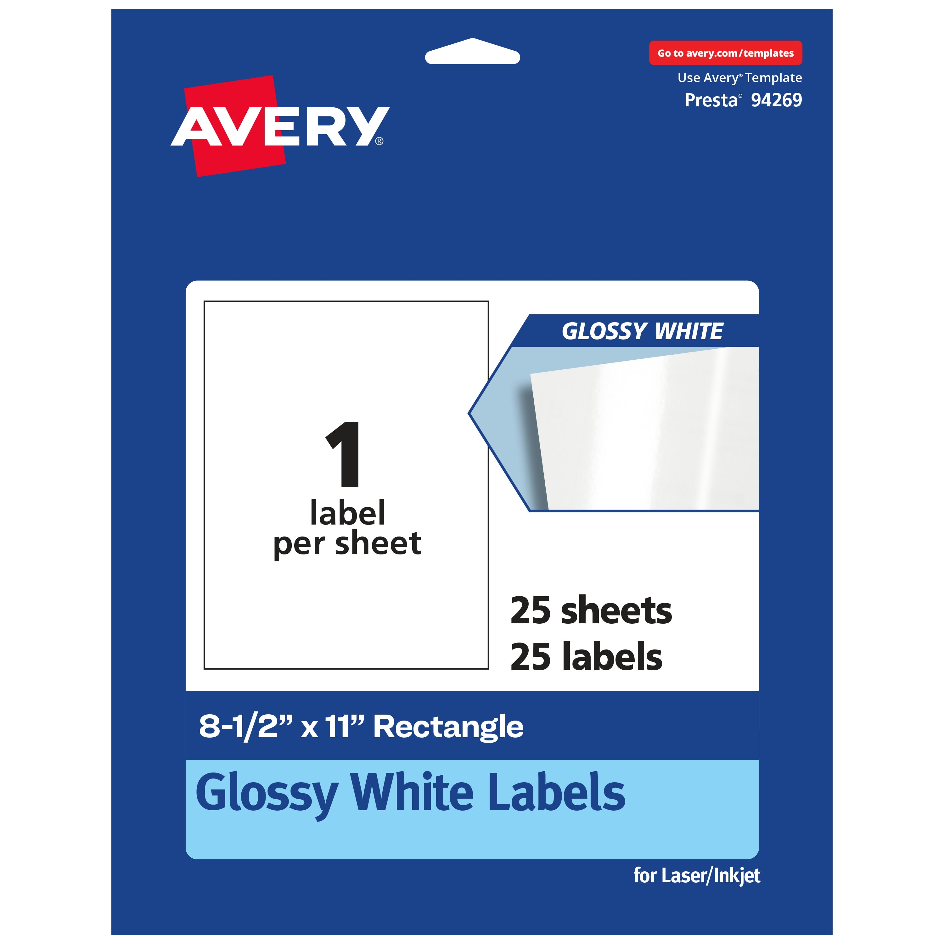 Avery Glossy White Rectangle Labels, 8.5" x 11", 25 Total