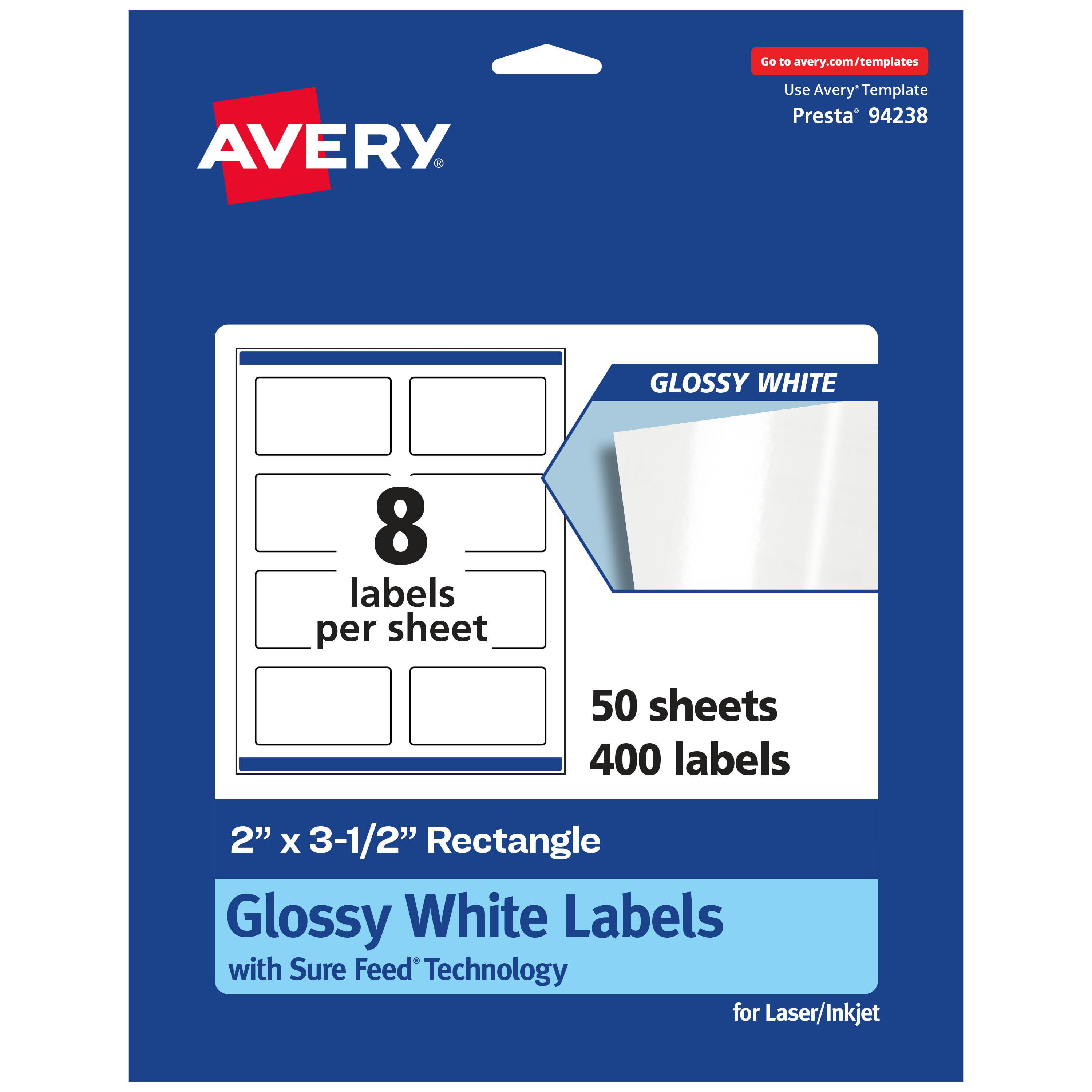 Bestået margen ~ side Avery Glossy White Rectangle Labels with Sure Feed, 2" x 3.5", 400 Glossy  White Labels, Print-to-the-Edge, Permanent Label Adhesive, Laser/Inkjet  Printable Labels - Walmart.com