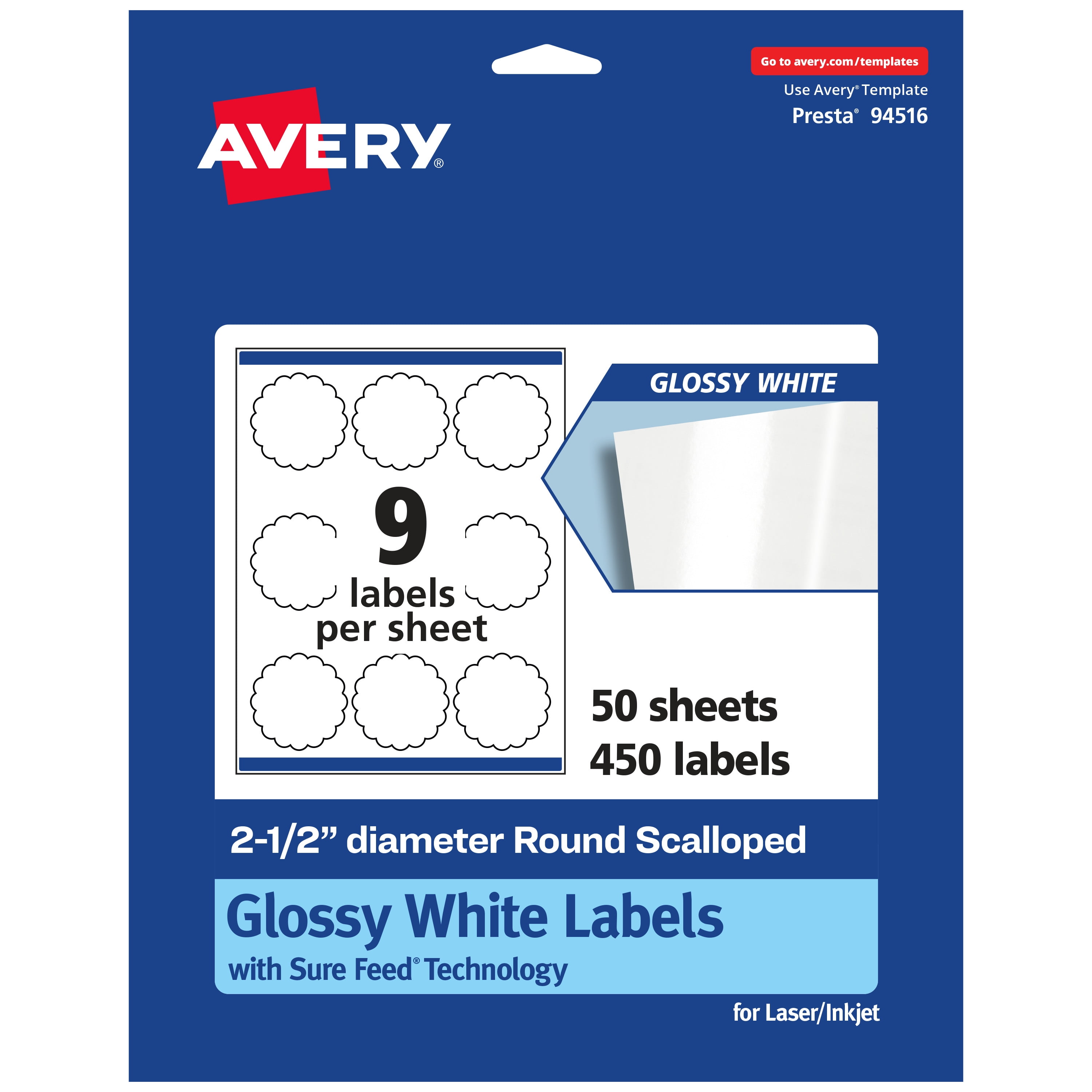 Avery Glossy White Round Scalloped Labels, 2.5" Diameter, 450 Total