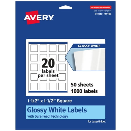 Avery Glossy White Square Labels, 1.5" x 1.5", 1,000 Total