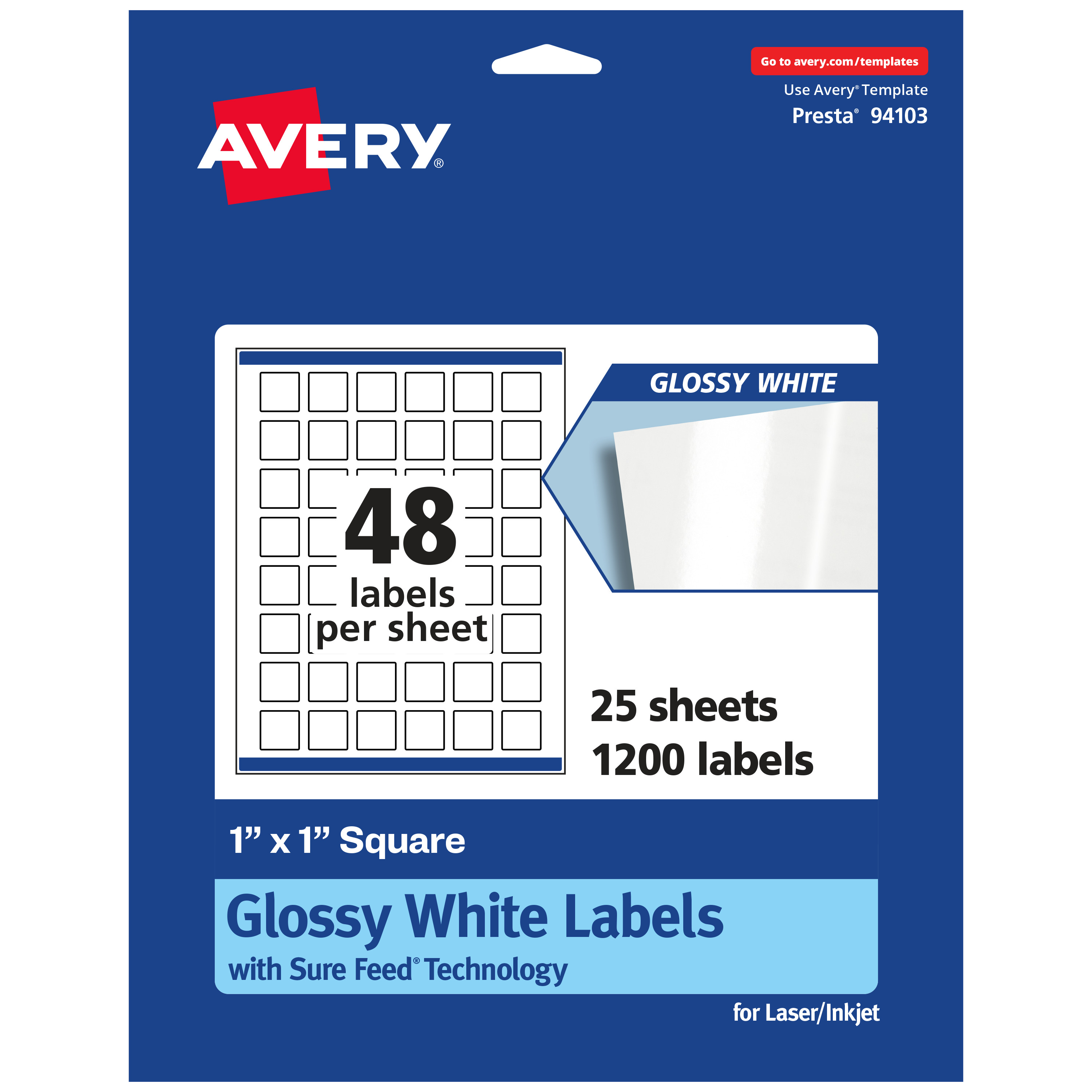 Avery Glossy White Square Labels, 1" x 1", 1,200 Total