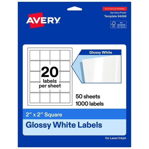 Avery® Glossy White Square Labels, 2" x 2", 1000 Total