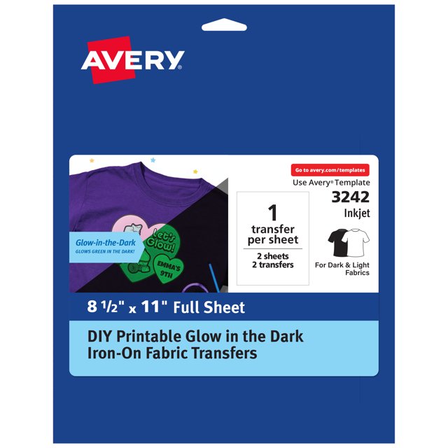 Avery Glow in the Dark Fabric Transfer Paper, 8.5" x 11", Printable