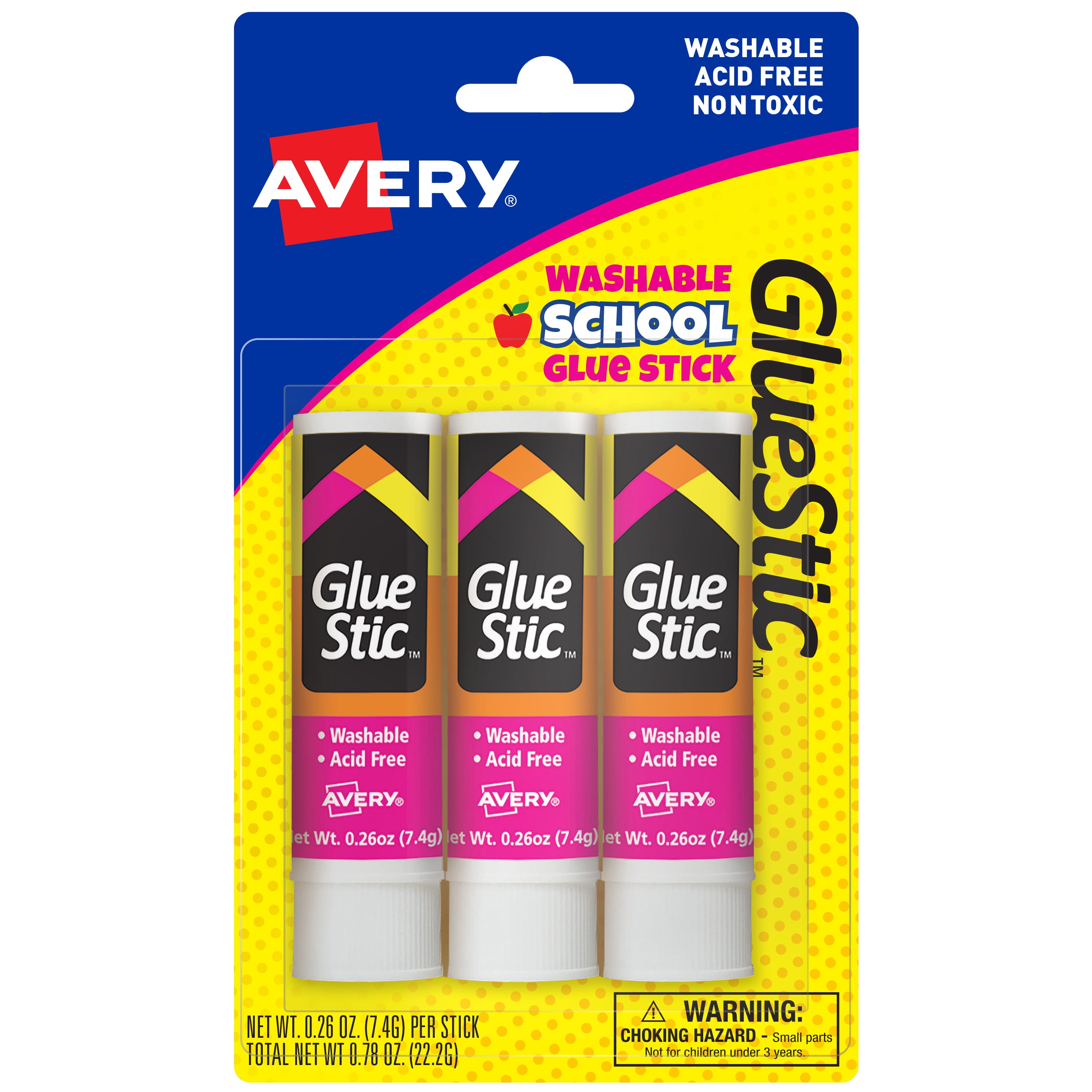 Avery Glue Stic, Nontoxic, Permanent, 0.26 oz., 3 Sticks
