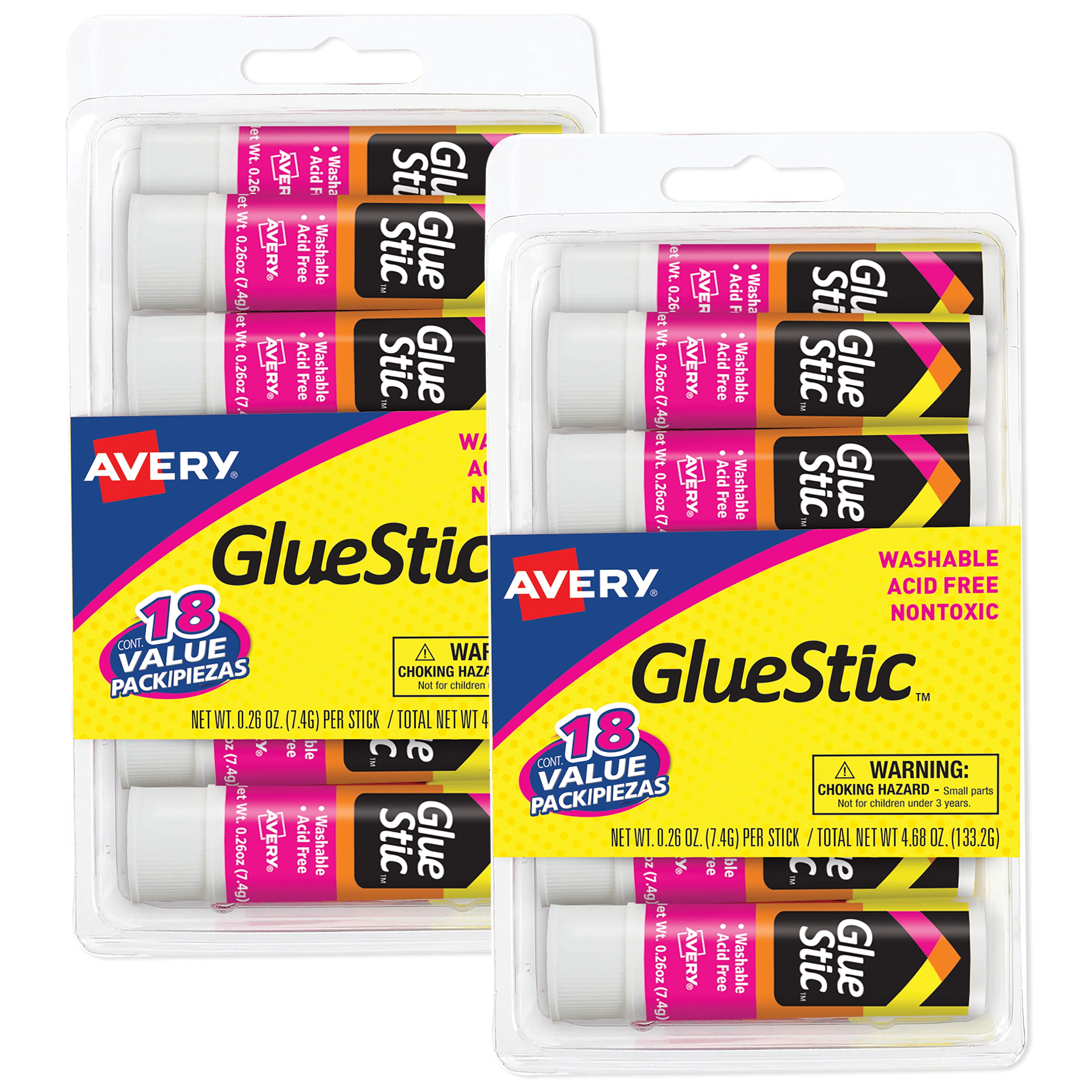 Avery Glue Stic Value Pack, White, Washable, Nontoxic, 0.26 oz., 18 per Pack, 2 Packs, 36
