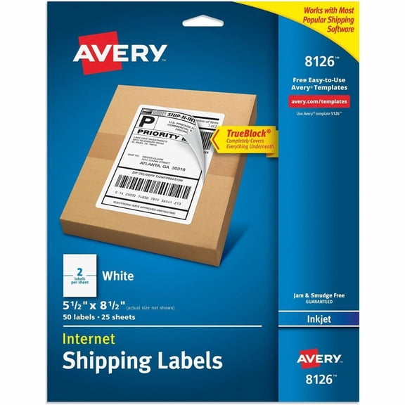 Avery Half-Sheet Shipping Labels, 5.5" x 8.5", White, 50 Labels (8126)