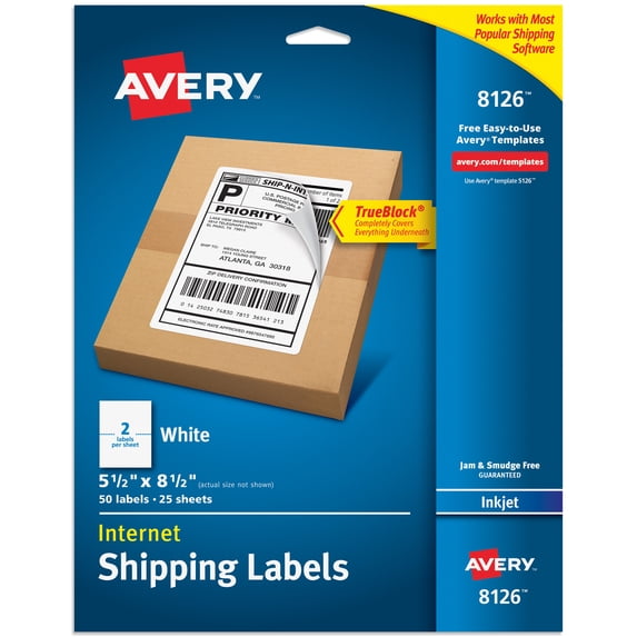 Avery Half-Sheet Shipping Labels, 5.5" x 8.5", White, 50 Labels (8126)