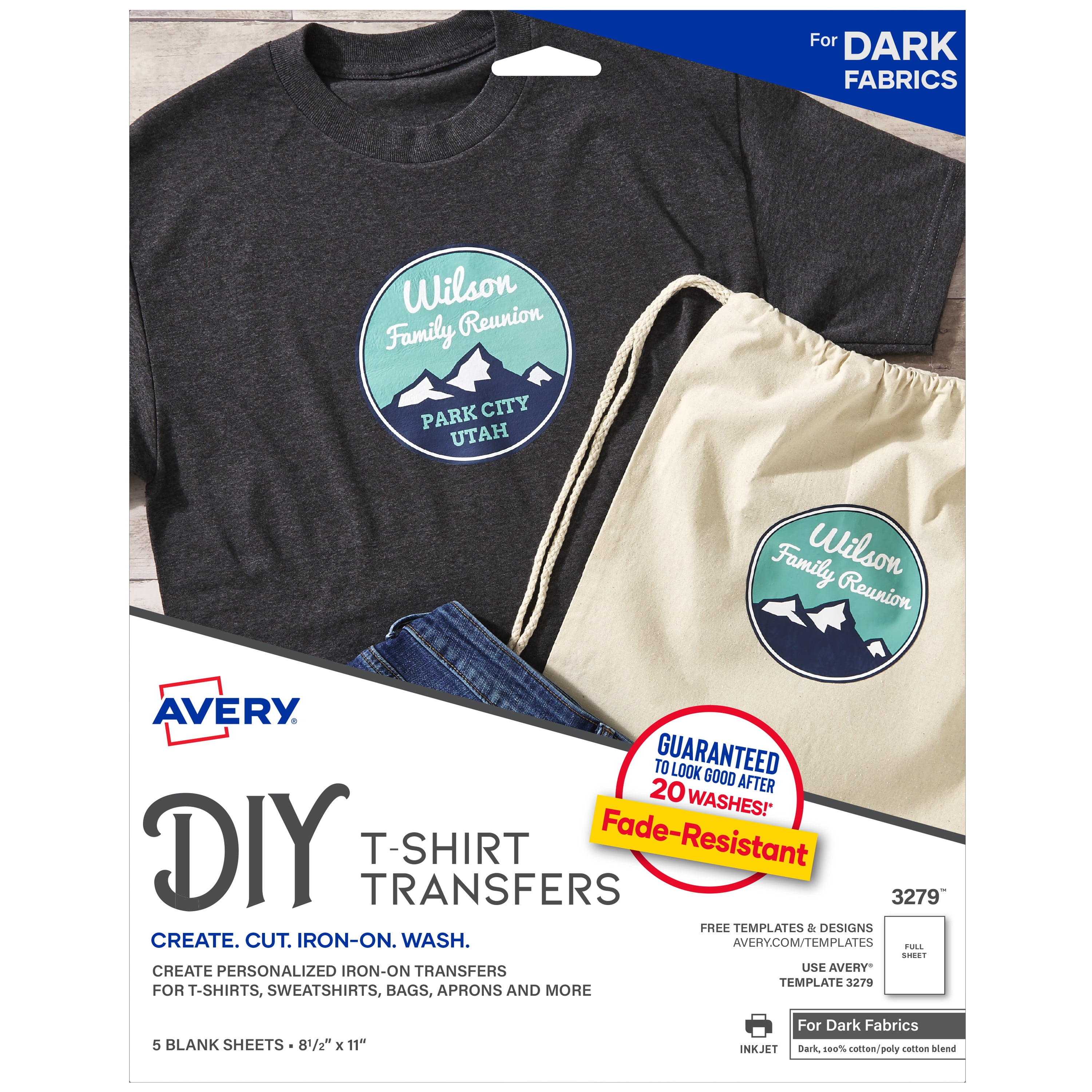 Avery Heat Transfer Paper for Dark Fabrics, 8.5" x 11" size paper, Inkjet  Printer, 5 Printable Iron On Transfers (3279) - Walmart.com