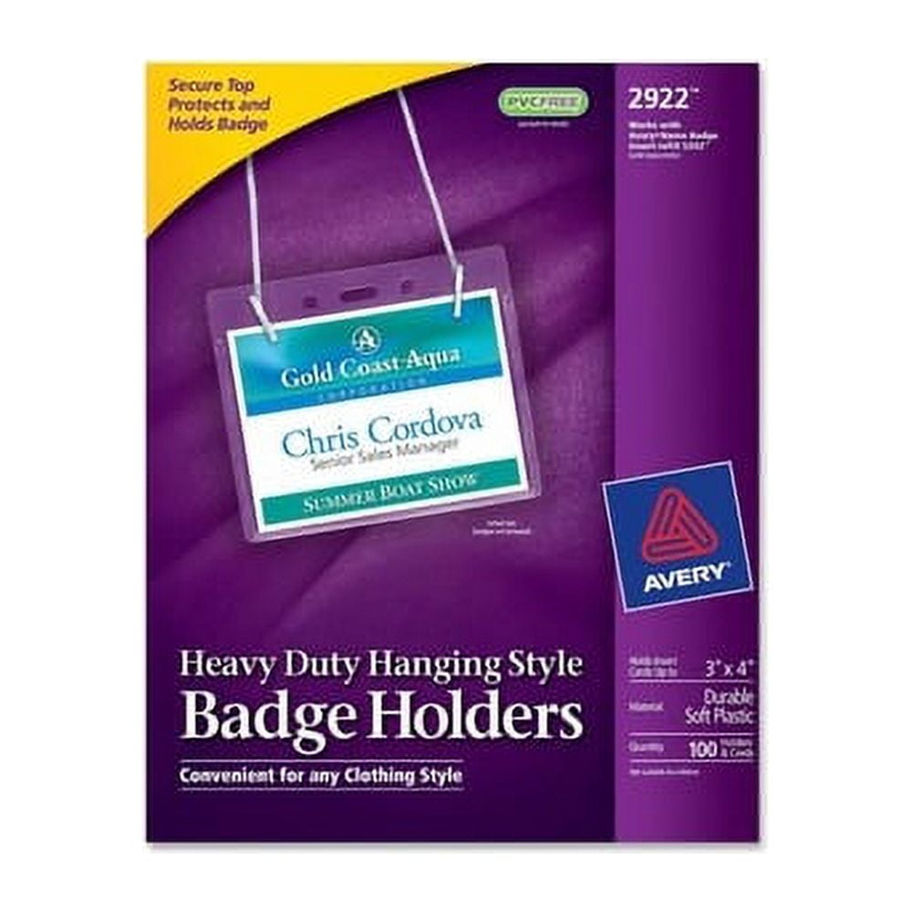 Avery HeavyDuty Clear Hanging Style Badge Holders, 3" x 4" , 100 Box