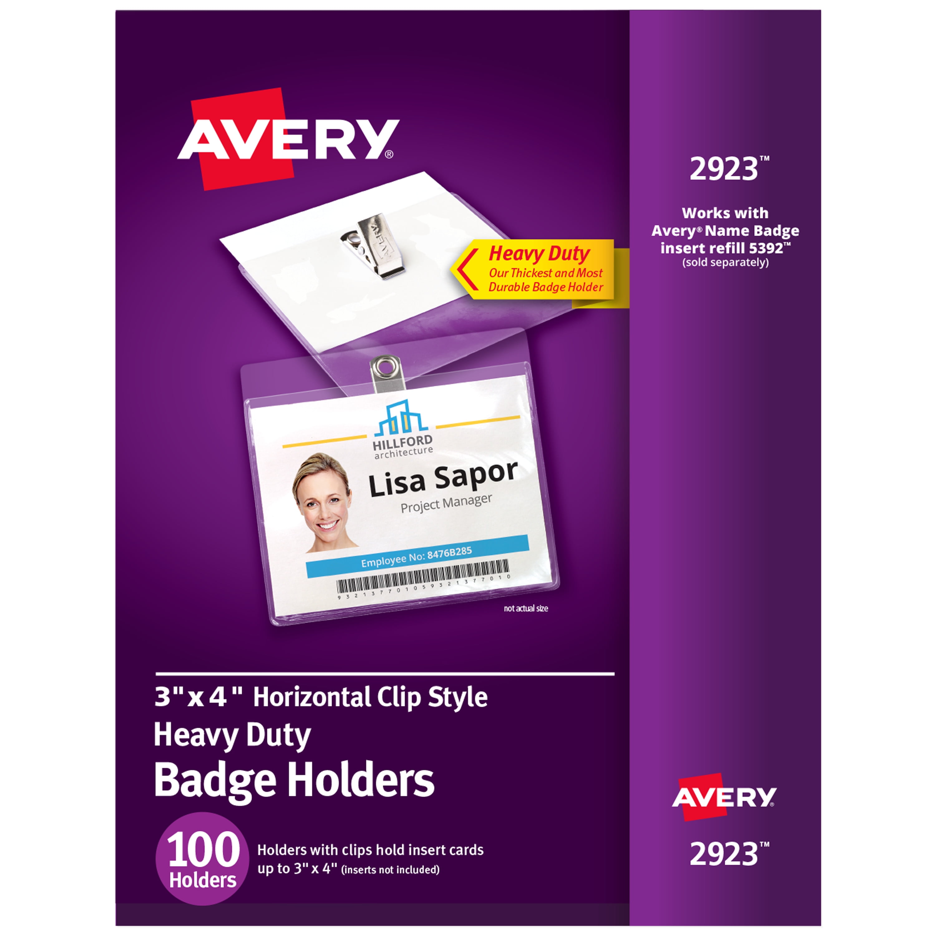 Avery Heavy Duty Clip Style Badge Holders, 3" x 4", Landscape, 100 ID